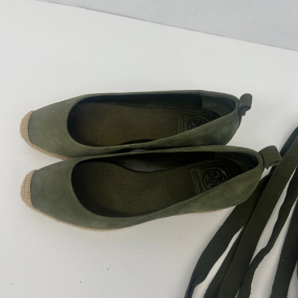 Tory Burch Heather Espadrille Ankle Wrap Wedge Leccio Green Suede - Picture 3 of 12